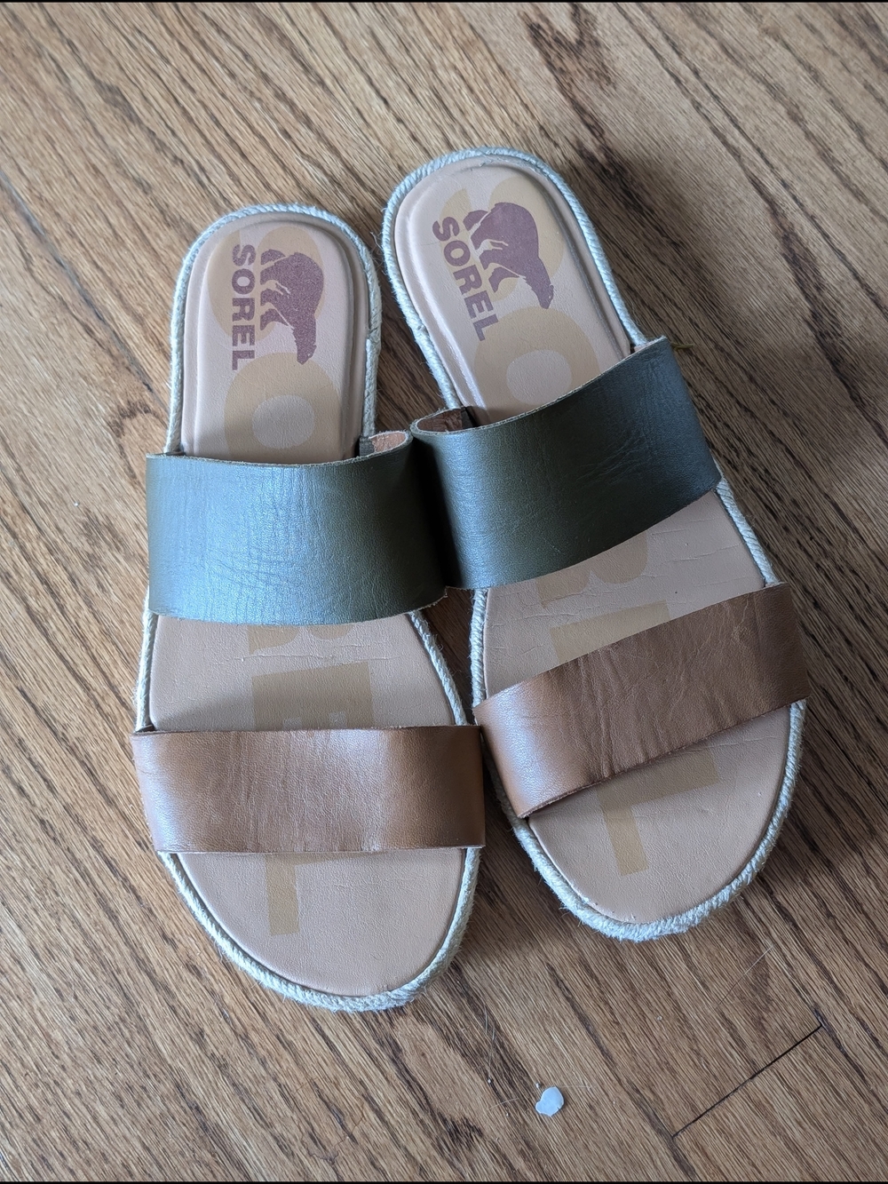 Sorel Two-Band Leather Slide Sandals in Olive & Brown
